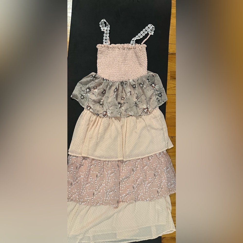 Girls Pale Pink Tiered Maxi Dress with Floral Ruffle